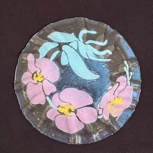 Vtg Sydenstricker Plate Fused Art Glass Pink Orchid Flowers Serving Plate 8.5”